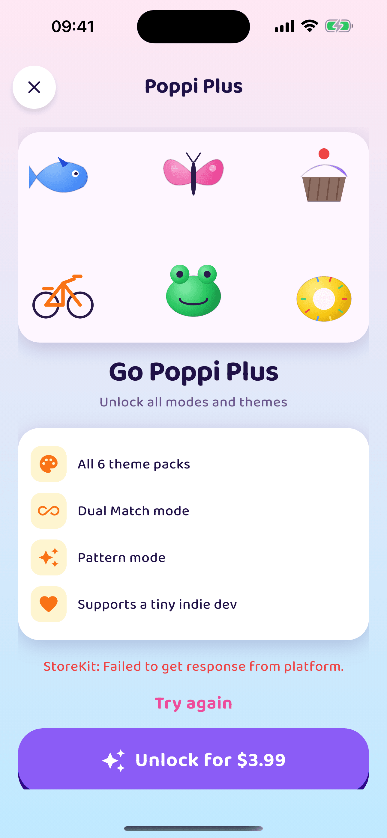 Poppi Pop premium screen showing optional one-time purchases