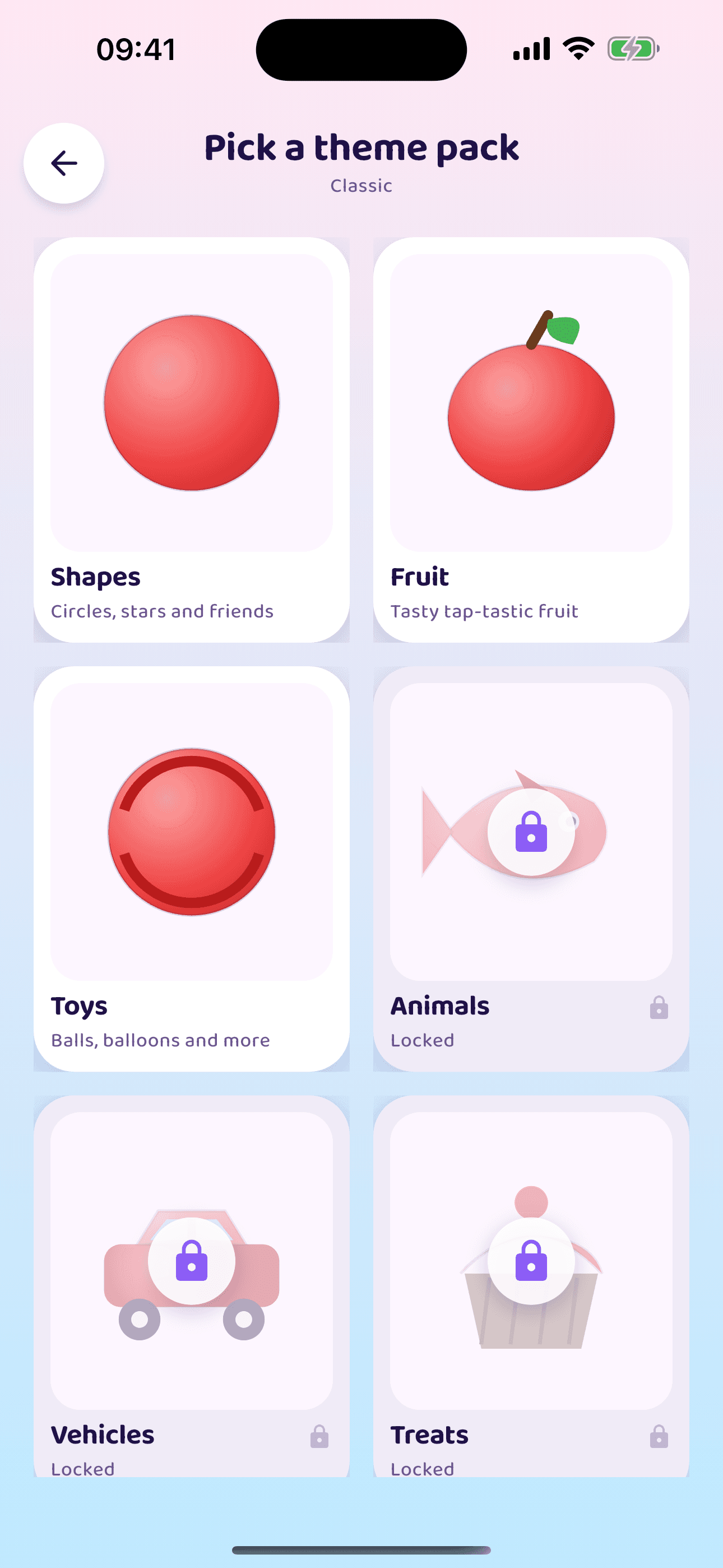 Poppi Pop theme packs — Shapes, Fruit, Toys, Animals, Vehicles, Food