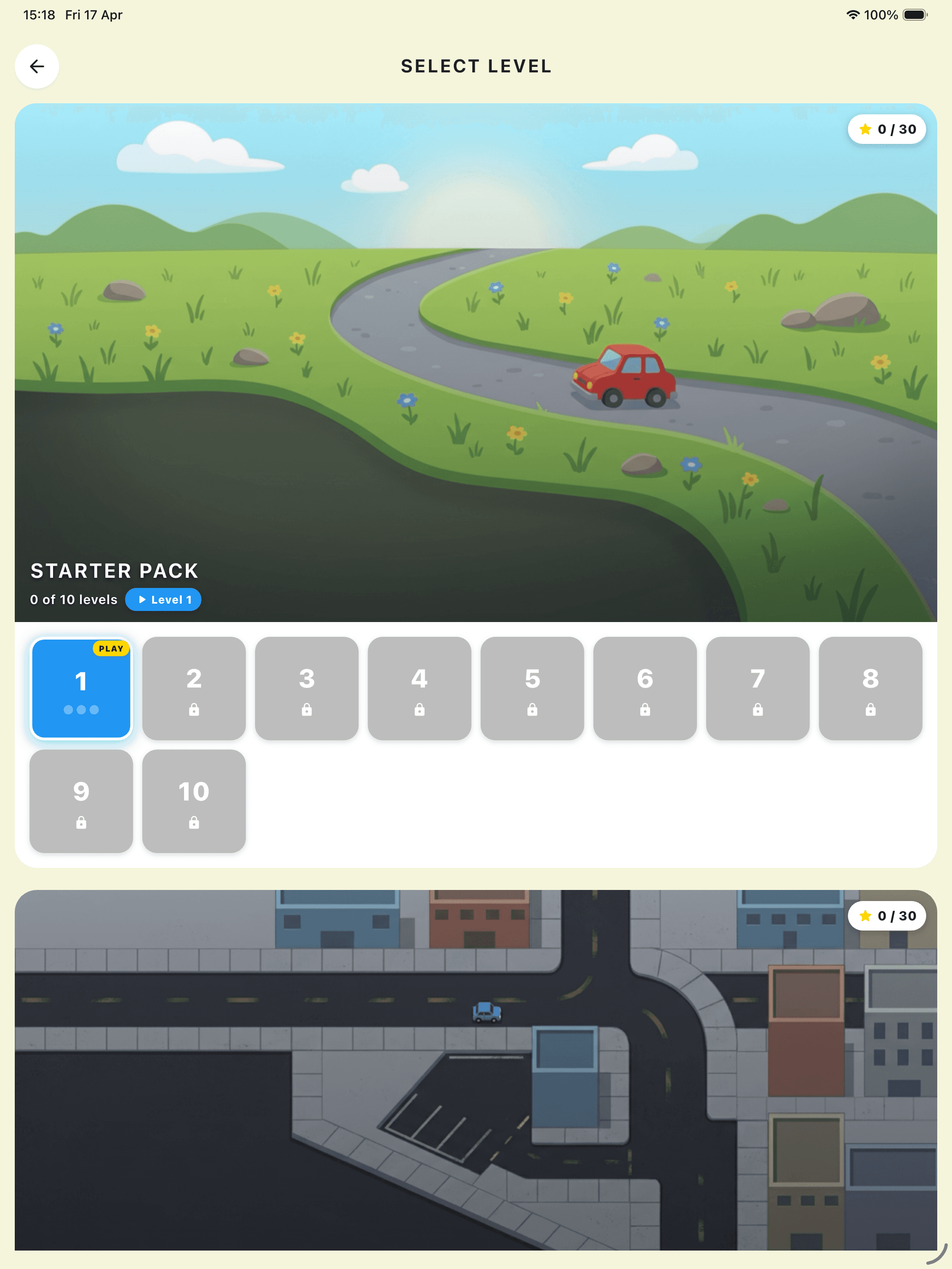 Roadie level select on a tablet