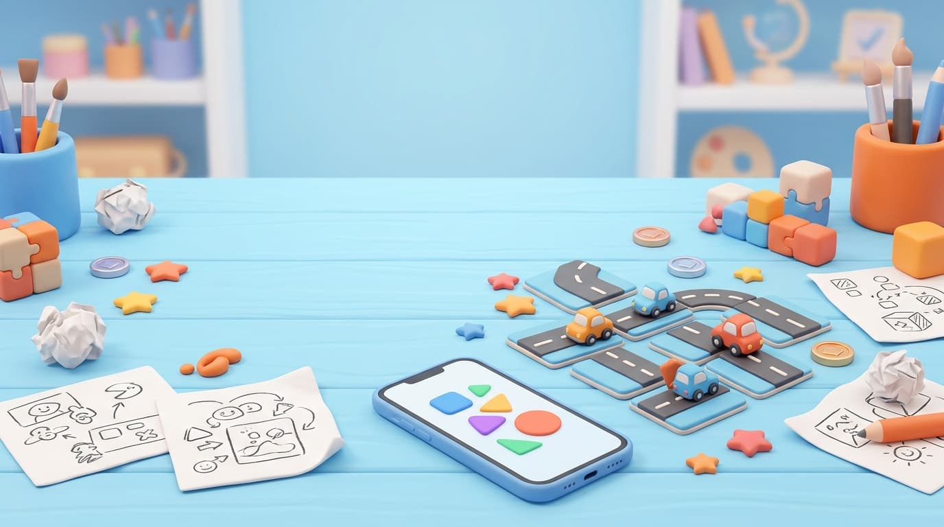Playful mobile game studio desk with toy road tiles, puzzle pieces, and a phone